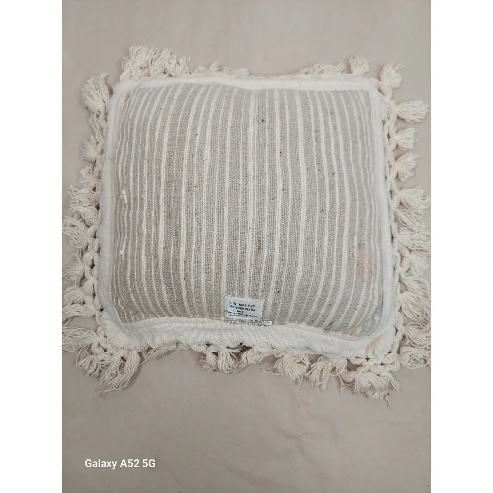 Vintage Hand Woven Cotton Pillow  Fringe India Throw Cushion Pilzer Bros Neutral